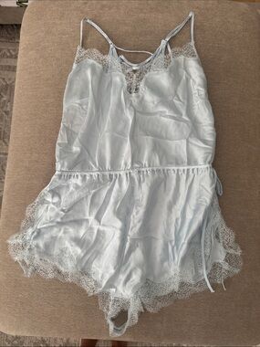 Victoria's Secret Light Blue Satin Lace Romper Pajama